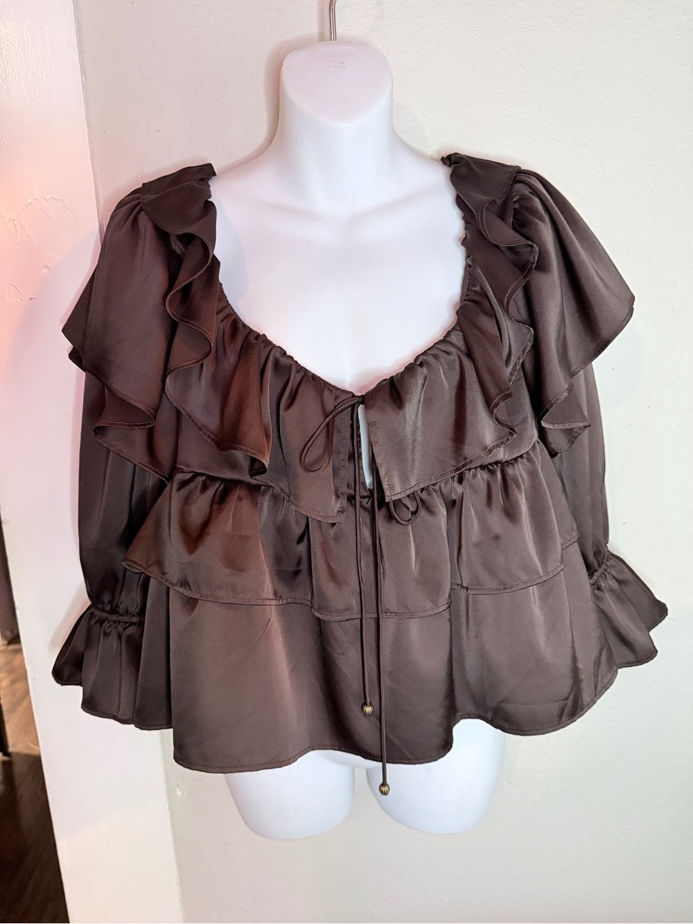 Francesca’s Ella Ruffled Tiered Chocolate Satin Blouse Medium